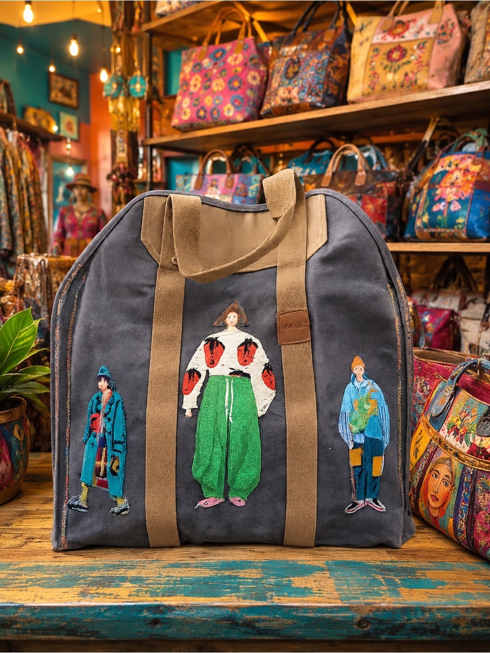 Canvas Travel UpCycle Tote Bag with Art Embroidery - One of One AMAZING